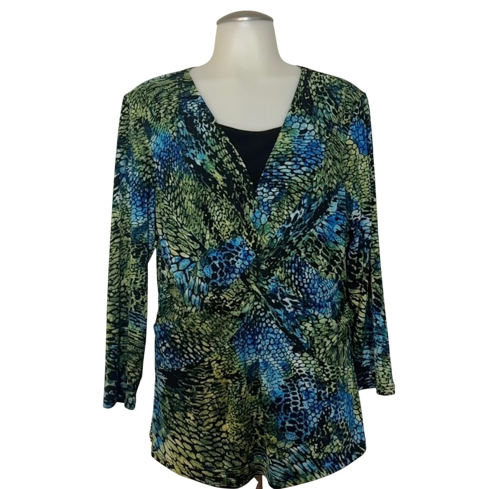 Kim Rogers Twist Front Top Women Large Green Blue Snakeskin Excellent 3/4 Sleeve